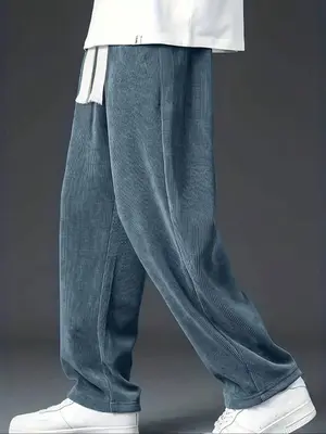 Men's Camo Print / Solid Drawstring Waist Corduroy Pants, Loose Casual Comfy Elastic Waist Straight Leg Trousers for Spring &...