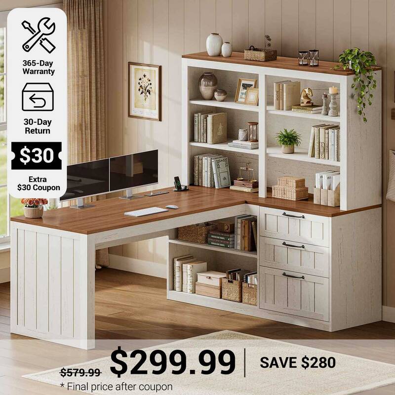 SEDETA ® 59 Inch Farmhouse L Shaped Computer Desk Wood Corner Office Desk with Power Outlet Storage Shelves 5-Tier Bookshelf...