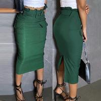 ChicMe Women's High Waist Mid-Calf Belted Cargo Skirt Casual Pocket Design Ruffles Hem Skirt