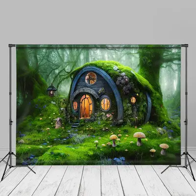 Green Forest House Mushroom Spring Photography Backdrop - Aperturee
