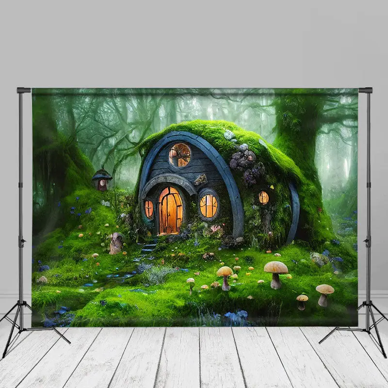 Green Forest House Mushroom Spring Photography Backdrop - Aperturee