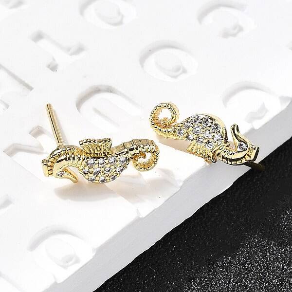 Sea Horse Brass Micro Pave Cubic Zirconia Ear Studs