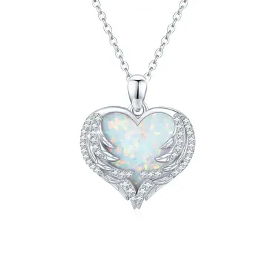Sterling Silver Heart Opal Angel Wing Pendant Necklace For Women