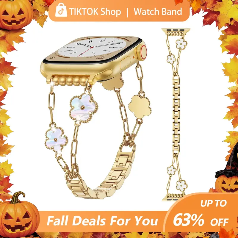 [FallDealsForYou] Gold Bling Five Clover Luxury Bands for Women Compatible with Apple Watch 40mm 38mm 41mm 42mm(S10/11) Lucky...