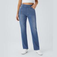 Halara Flex™ High Waisted Multiple Pockets Straight Leg Washed Stretchy Knit Casual Jeans