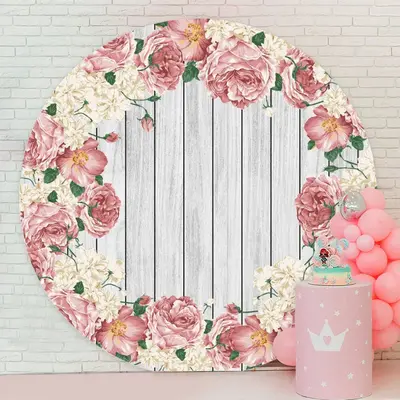 Aperturee Pink And White Floral And Round Wood Birthday Backdrop