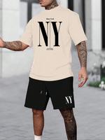 2 Counts Men's Letter Print Tee & Drawstring Waist Shorts Set, Regular Fit Round Neck Short Sleeve T-shirt & Track Shorts, Me...