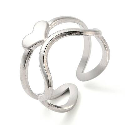 Non-Tarnish 304 Stainless Steel Heart Open Cuff Ring for Women