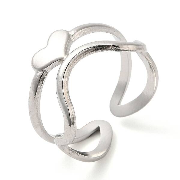 Non-Tarnish 304 Stainless Steel Heart Open Cuff Ring for Women