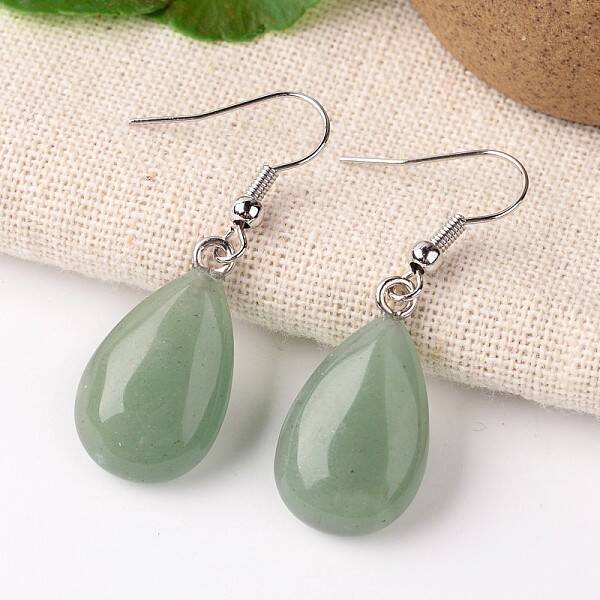 Natural Green Aventurine Teardrop Dangle Earrings