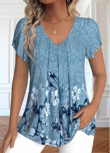 Modlily Dusty Blue Embroidery Floral Print Short Sleeve T Shirt - XXL