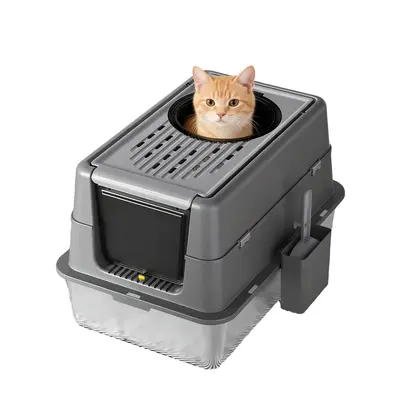 Garvee Extra Large Stainless Steel Cat Litter Box with Dual Entry, 180° Flip Top Lid, Enclosed Design for Odor Control & Pri...