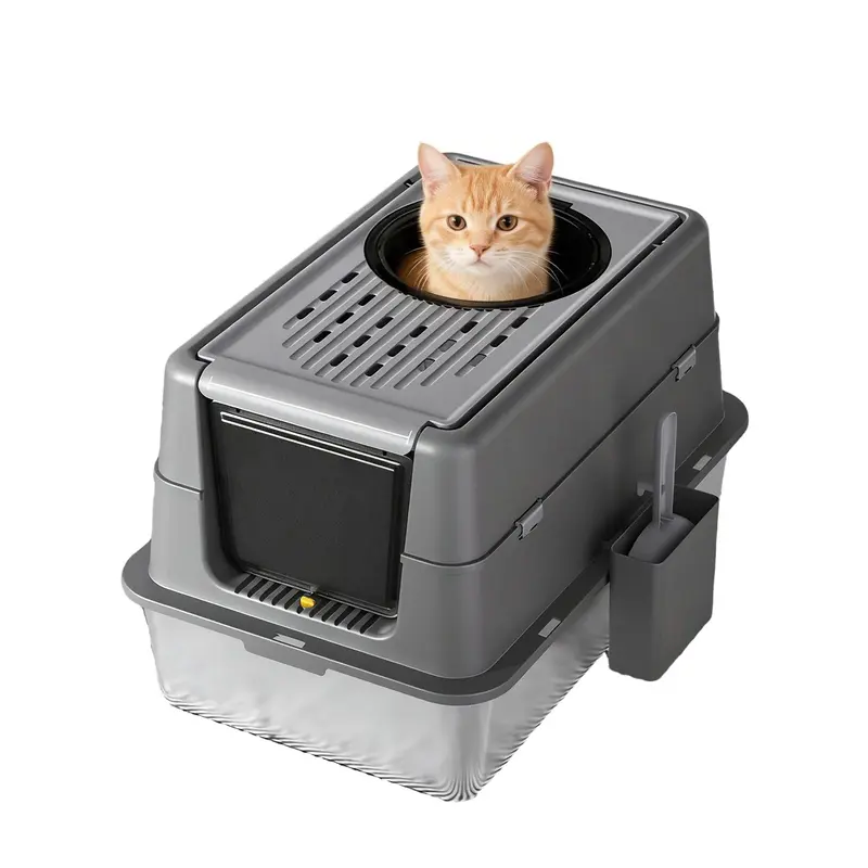 Garvee Extra Large Stainless Steel Cat Litter Box with Dual Entry, 180° Flip Top Lid, Enclosed Design for Odor Control & Pri...