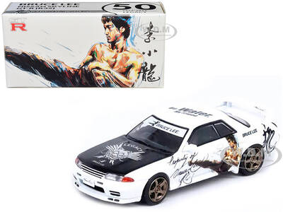 Nissan Skyline GT-R (R32) RHD (Right Hand Drive) White with Black Hood Bruce Lee Legacy 50 Year Anniversary 1/64 Diecast Mode...