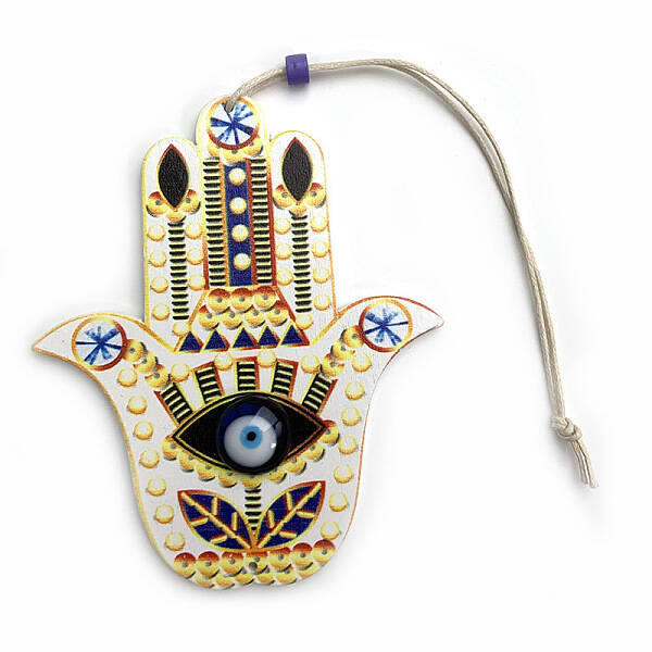 Wood Hamsa Hand/Hand of Miriam with Evil Eye Hanging Ornament