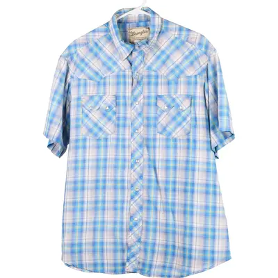 Wrangler Checked Short Sleeve Shirt - Large Blue Cotton