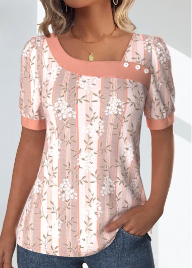 Modlily Light Pink Patchwork Floral Print Short Sleeve T Shirt - XXL