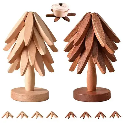 Wooden Tree Shaped Coaster Set, Including 3/4 Heat Resistant Coaster & 1 Holder, Coaster for Teapot Hot Pots, Kitchen Access...