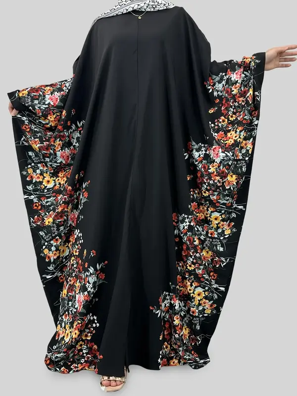 Women's Floral Print Batwing Sleeve Abaya, Modest Round Neck Long Sleeve Dress for Daily Wear, Ladies Islamic Clothing for Al...