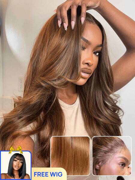 The 2nd Wigéå¶ç´£| Nadula Flash Sale Brown and Honey Blonde Ombre Layer Cut Straight Wigs Put on and Go Human Hai...