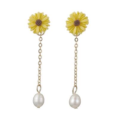 Natural Pearl & Resin Sunflower Dangle Stud Earrings