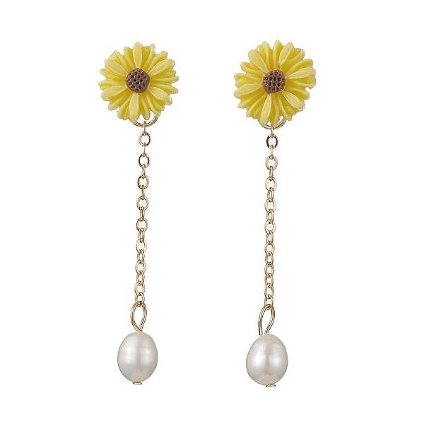 Natural Pearl & Resin Sunflower Dangle Stud Earrings