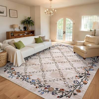 Garvee Floral Beige 9x12 Washable Area Rugs for Living Room: Modern Floral Non Slip Large Area Rugs for Bedroom, Large Machin...