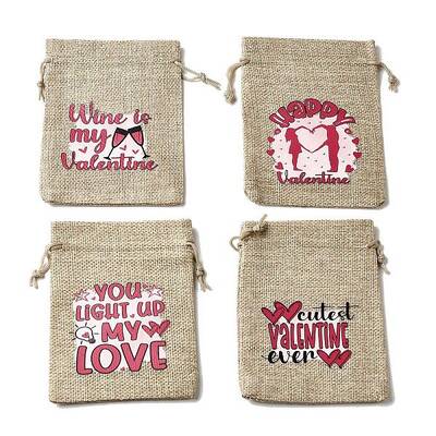 12Pcs 4 Styles Valentine's Day Printed Rectangle Burlap Cloth Packing Pouches