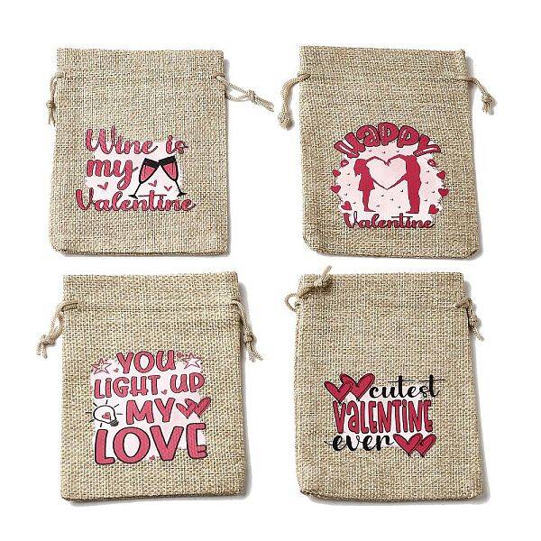 12Pcs 4 Styles Valentine's Day Printed Rectangle Burlap Cloth Packing Pouches