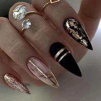 Glitter & Marble Pattern Fake Nails, 1 Box Short Almond False Press on Nails with 1 Nail File & 1 Sheet Tape for Women DIY Na...