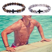 Cross Beads Bracelet for Men Women, 8MM Beaded Bracelets Couples Bracelets,Lava Rock Turquoise Tiger Eye Natural Bracelet Anx...