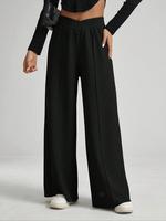 Women's Solid High Waist Wide Leg Sweatpants, Casual Comfy Elastic Waist Trousers for Daily Wear, Ladies Bottoms for All Seas...