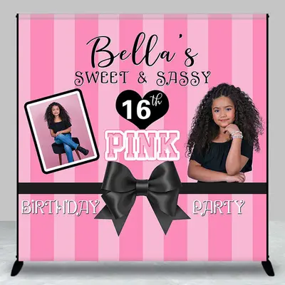 Custom Photo Pink Stripes Sweet 16 Birthday Backdrop - Aperturee