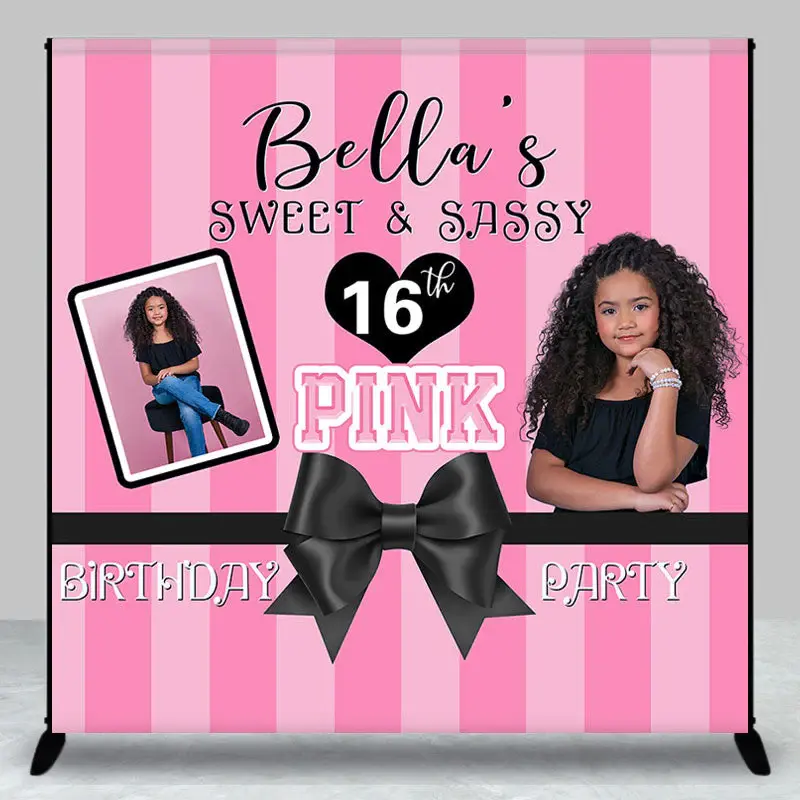 Custom Photo Pink Stripes Sweet 16 Birthday Backdrop - Aperturee