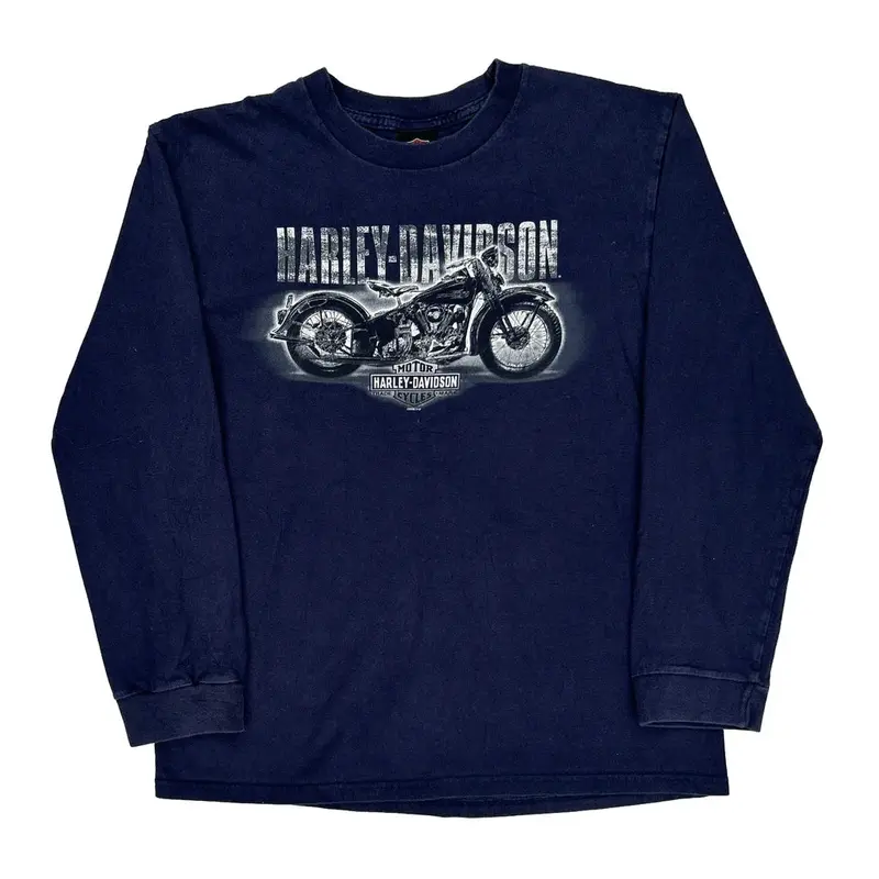 New River Gorge Harley Davidson Graphic Long Sleeve T-Shirt - Large Navy Cotton