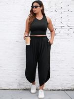 【Plus Size】 Solid Tank Top & Pants Set, Casual Sleeveless Top & Pocket Trousers for Daily Wear, Women's Two-piece Set for...