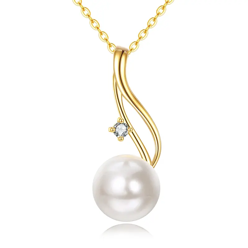 14K Gold Circular Shaped Cubic Zirconia & Pearl Bead Pendant Necklace