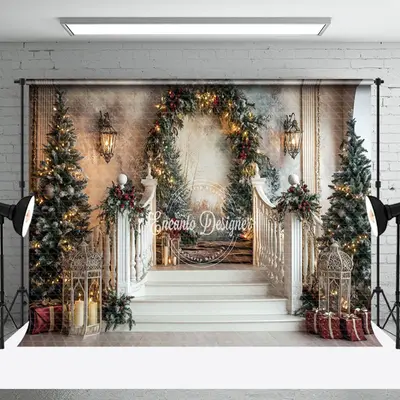 Aperturee Abstract Wall Christmas Wreath Stairs Photo Backdrop | Xmas Backdrop | Christmas Photo Booth Backdrop | Christmas B...