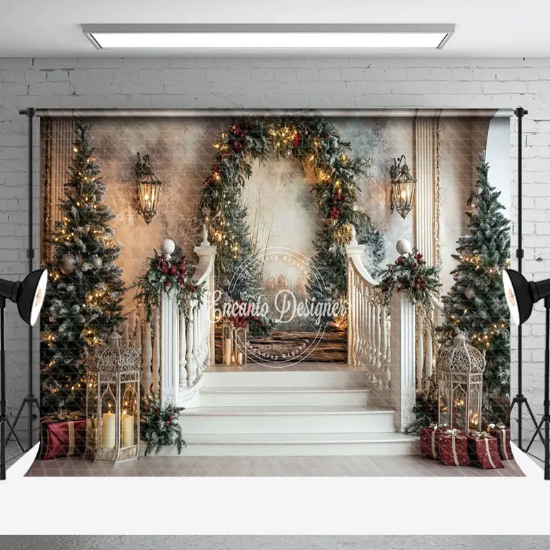Aperturee Abstract Wall Christmas Wreath Stairs Photo Backdrop | Xmas Backdrop | Christmas Photo Booth Backdrop | Christmas B...