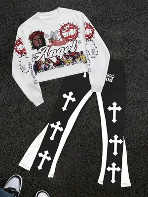 Men's Cartoon Print Sweatshirt & Drawstring Waist Flare Leg Pants Two-Piece Set, Regular Fit Casual Round Neck Long Sleeve Pu...