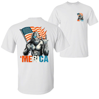 _Bigfoot ’Merica T-Shirt – Funny Patriotic Tee Featuring Sasquatch Holding Flag & Throwing a Hand Gesture, Lighthearted A...