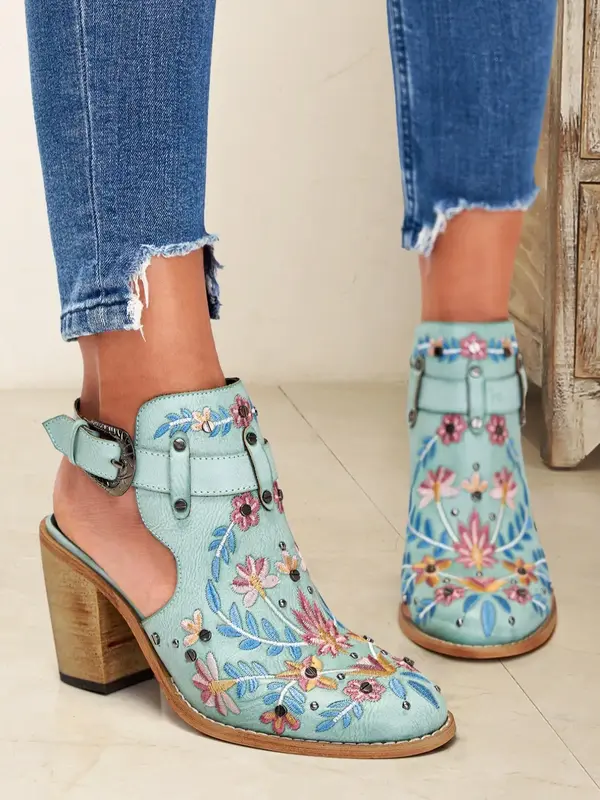 Women's Summer 2024 Fashionable Floral Embroidery Design Round Toe Ankle Boots, High Heel Sandals Boots For Summer