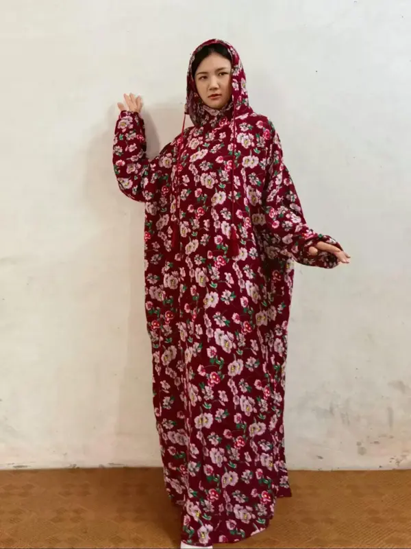 Women's Floral Print Long Sleeve Hooded Prayer Dress with Hat, Modest Elegant Maxi Muslim Clothing, Ladies Islamic Clothing f...