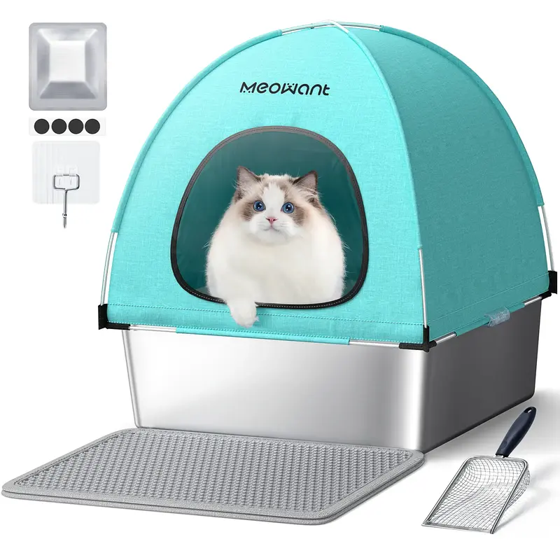 Meowant 3-in-1 Stainless Steel Cat Litter Box Large Splash-Proof Odor-Resistant Detachable Cover Eco-Friendly Blue-Green Desi...
