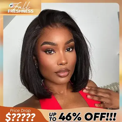Ashimary Bob Wig Yaki Straight Closure Pre-Cut Transparent Lace Virgin Human HD Lace Hair Pre-Everything Wig #1B 180% Density...