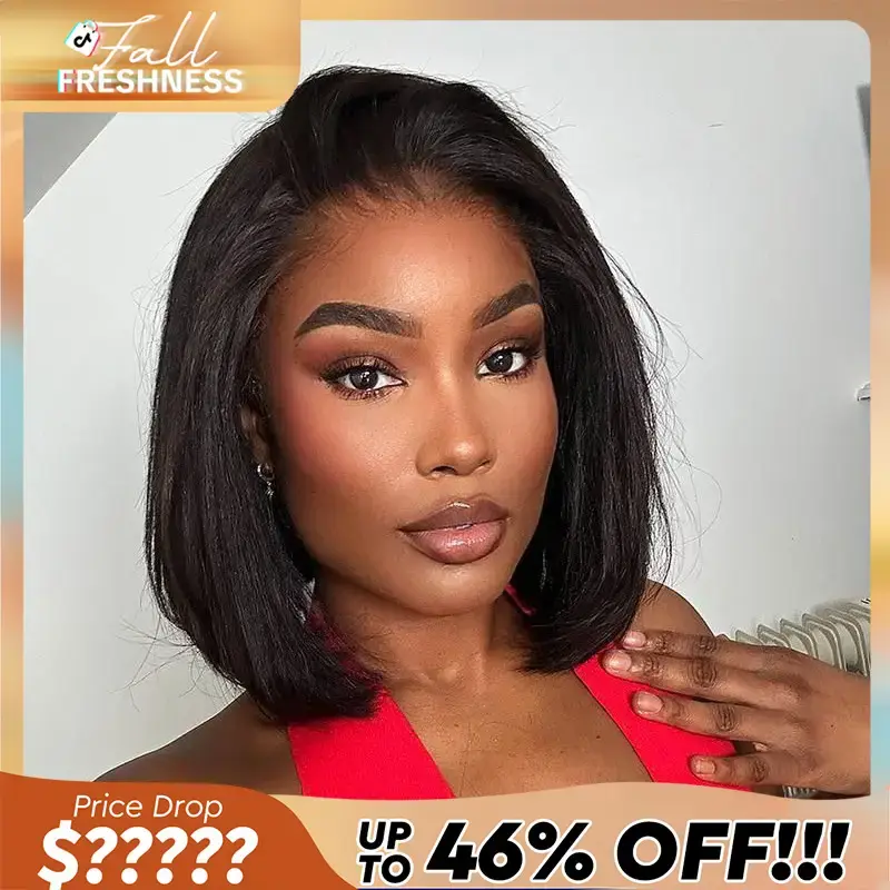 Ashimary Bob Wig Yaki Straight Closure Pre-Cut Transparent Lace Virgin Human HD Lace Hair Pre-Everything Wig #1B 180% Density...