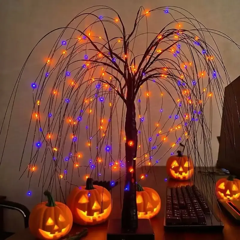 Halloween Willow Tree Lights , Purple and Orange LED Lights, Spooky Tabletop Decorations, USB/Battery Powered, Great for Haun...