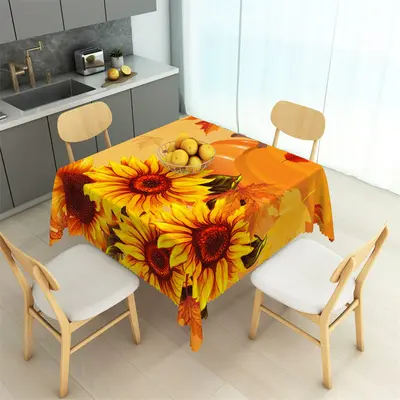 Orange Pumpkin Sunflowers Leaves Square Tablecloth - Aperturee