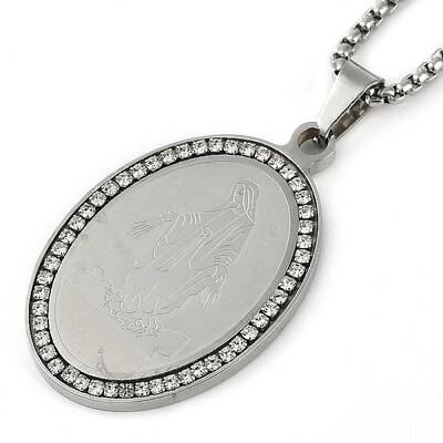 304 Stainless Steel Crystal Rhinestone Religion Virgin Mary Oval Pendant Box Chain Necklaces
