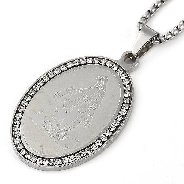 304 Stainless Steel Crystal Rhinestone Religion Virgin Mary Oval Pendant Box Chain Necklaces